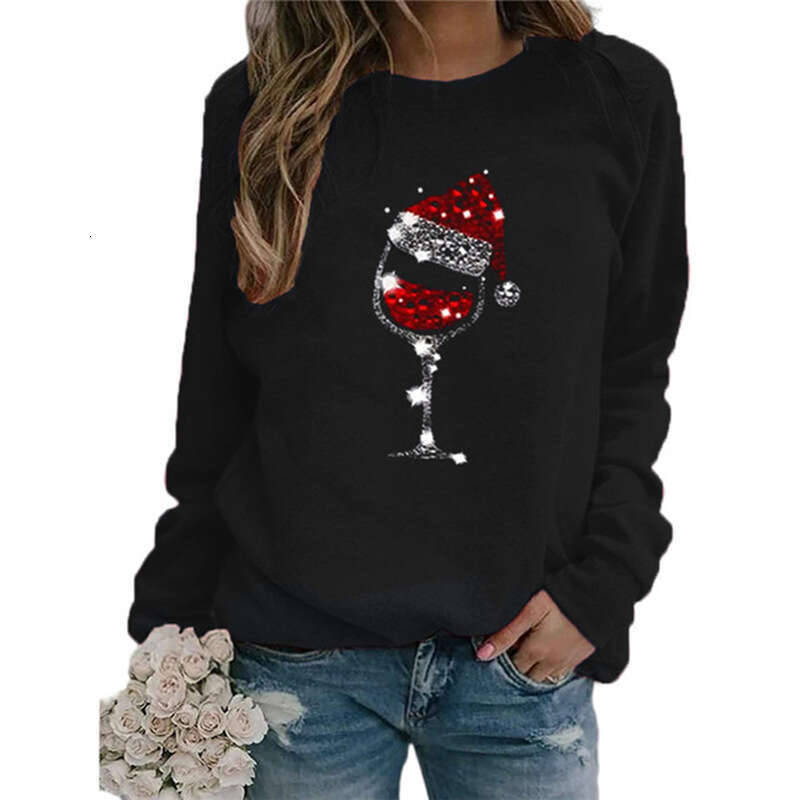 Autumn/Winter European and American Christmas Wine Cup Printed Long Sleeve Round Neck T-shirt Women's Wear 2024 New Casual Versatile Fashion Clot