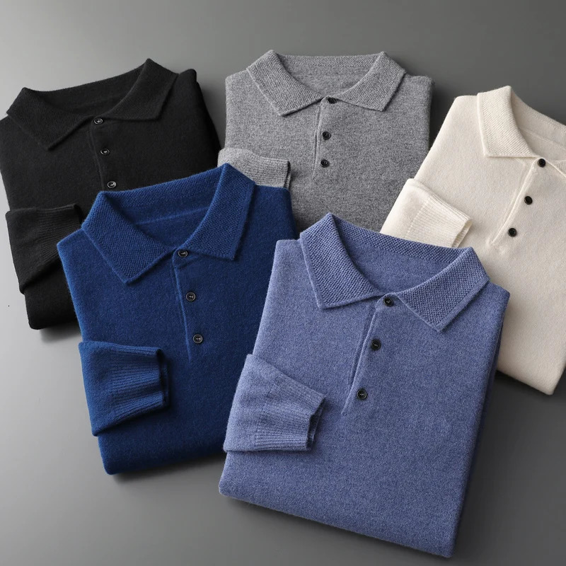Mens 100% Merino wool shirt sweater business jacket thin cashmere knitted top polo neck 3-button zipper spring and autumn 241206