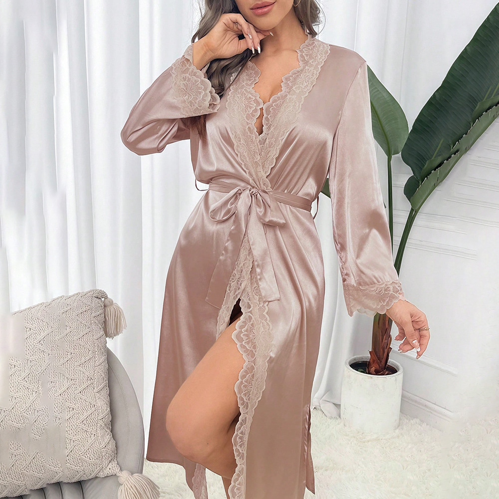2025 Designer s new high quality satin sleepwear lace light luxury long sleeved cool trend nightgown bathrobe home wear women s sexy erotic bathrobe