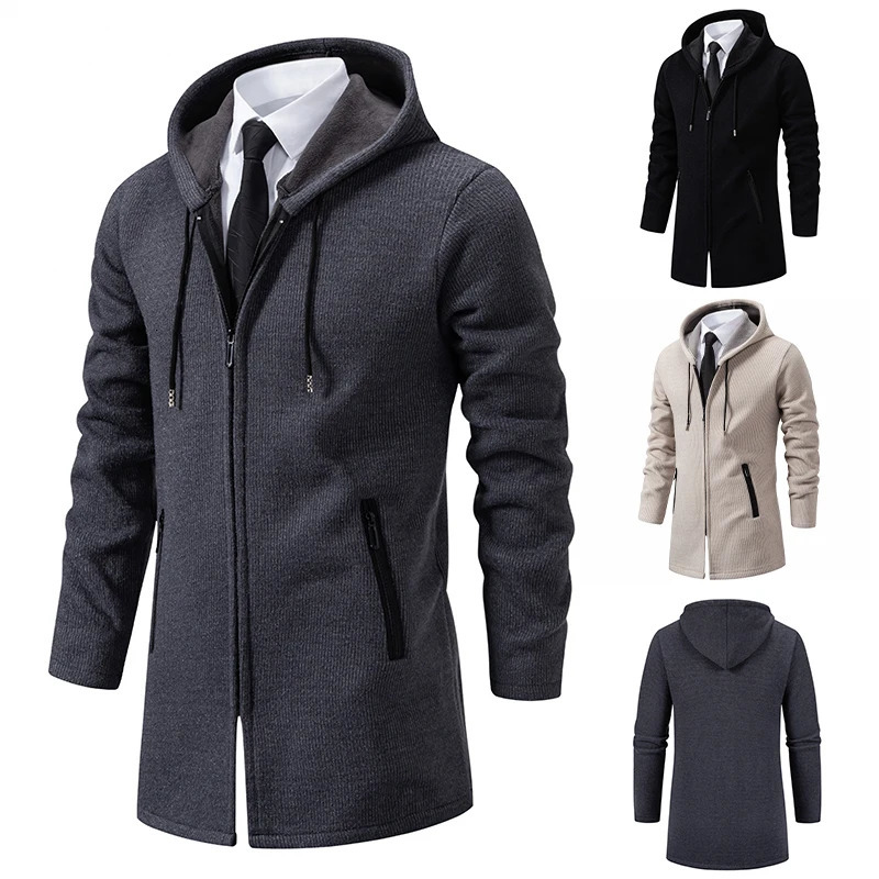 Mens wool cardigan autumn and winter knitted jacket solid color hooded sweater jacket plush padded jacket fashionable 241205