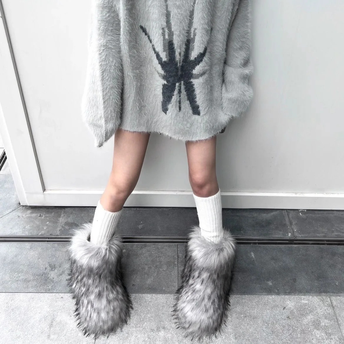 Winter matte boots fur leather shoes fluffy snow plush lining sliding rubber flat outdoor bow warm womens shoelaces 241206