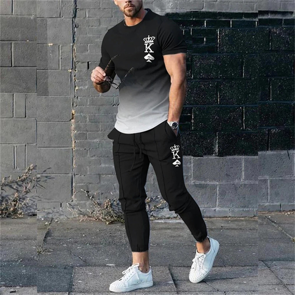 Mens Trouser Tracksuit 2-piece 3D Printed Summer Fashion Sports Style Short Sleeve T-shirtPants Street Clothing 241205