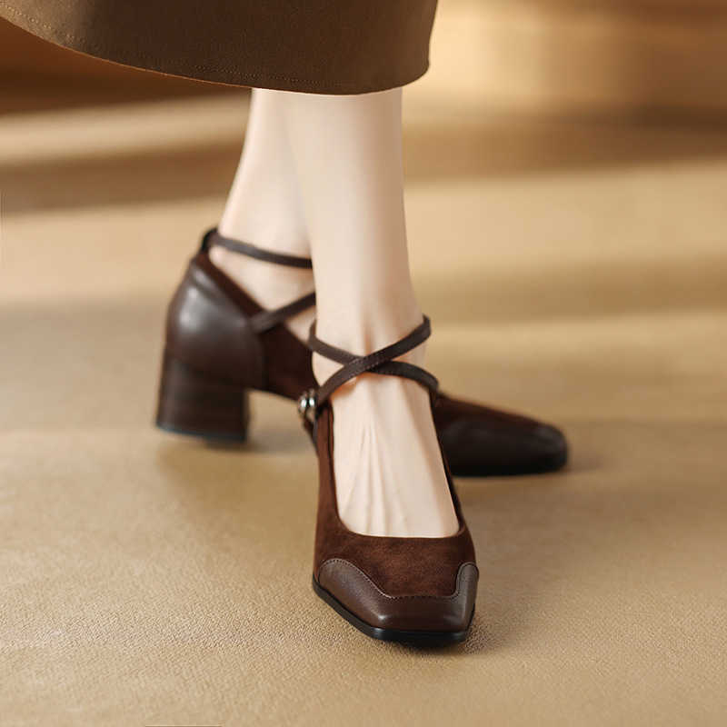 Brown Mary Jane shoes for women shallow toe crossed ankle straps thick matching shoes shallow mouth fashion work shoes