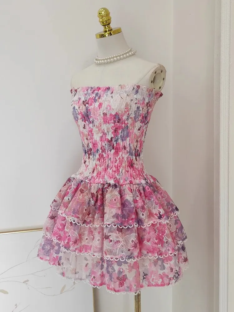 Urban Sexy Women' Dresses Summer Sundress Sexy Embroidery Floral Short Cake Dress Women Beach Halter Backless Stretch Flower Ruffles Layer Party 
