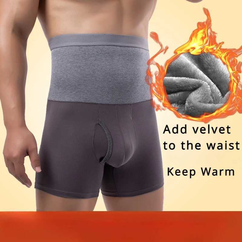 Winter mens boxing shorts high waisted with added velvet to keep warm underwear U-shaped pockets underwear shaping shorts X241207