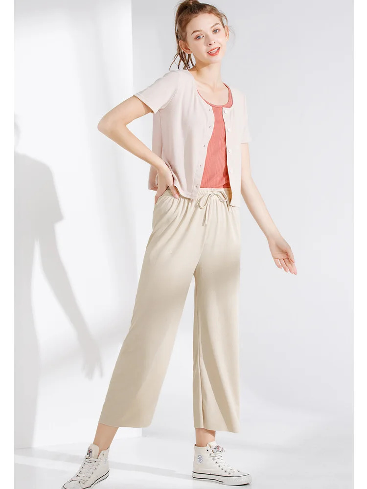 Women AnkleLength Wide Leg Pants Casual Summer Solid Elastic Waist Loose Ice Silk Spring Female Trousers 241203