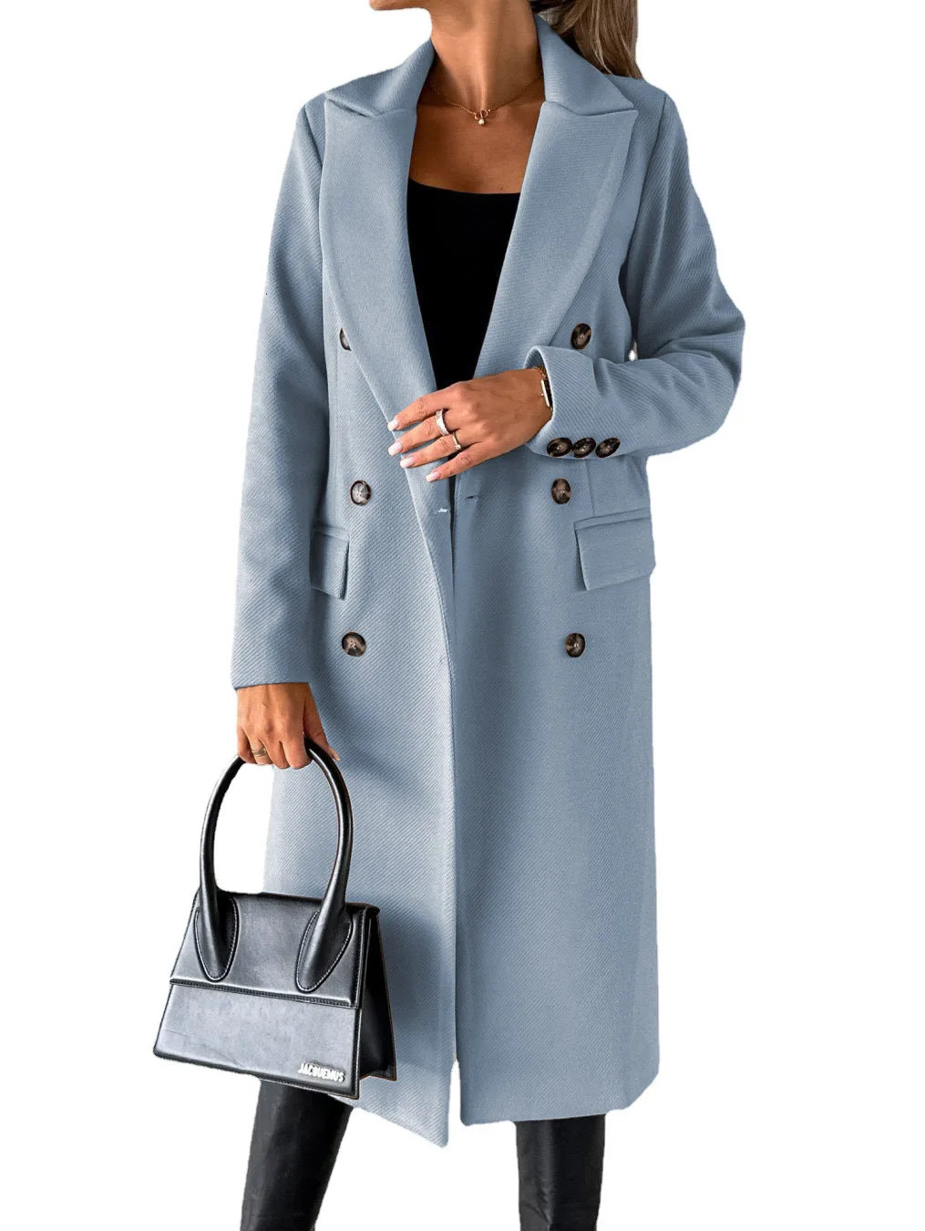 Womens Long Sleeved Lapel Solid Color Double Breasted Slim Fit Coat 241202