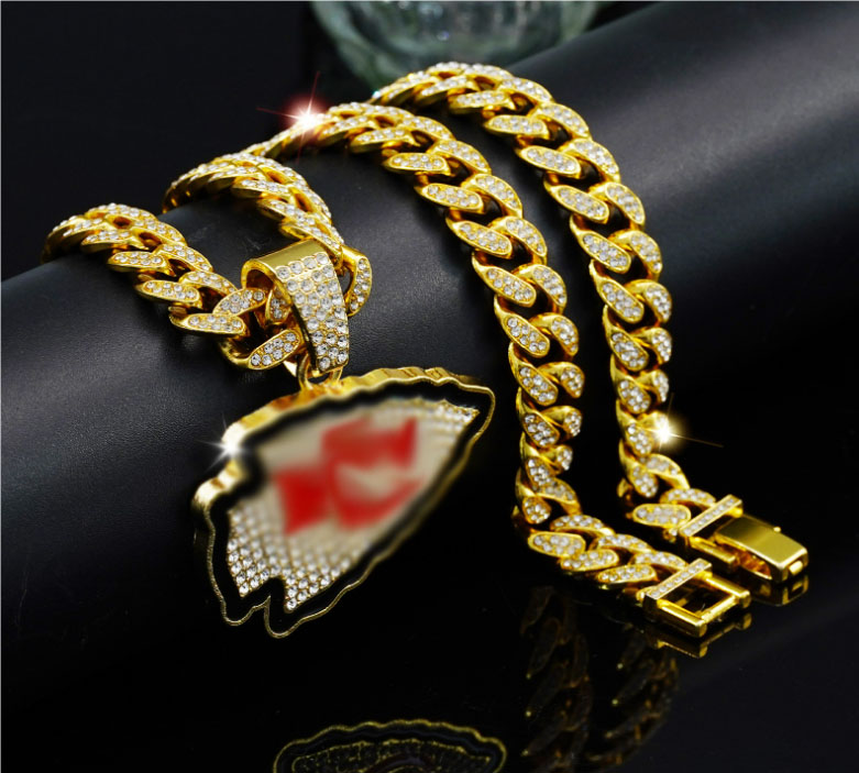 Super Bowl Chief Team Pendant with Cuban Chain Necklace American Football Sport Souvenir Men Fan Gift