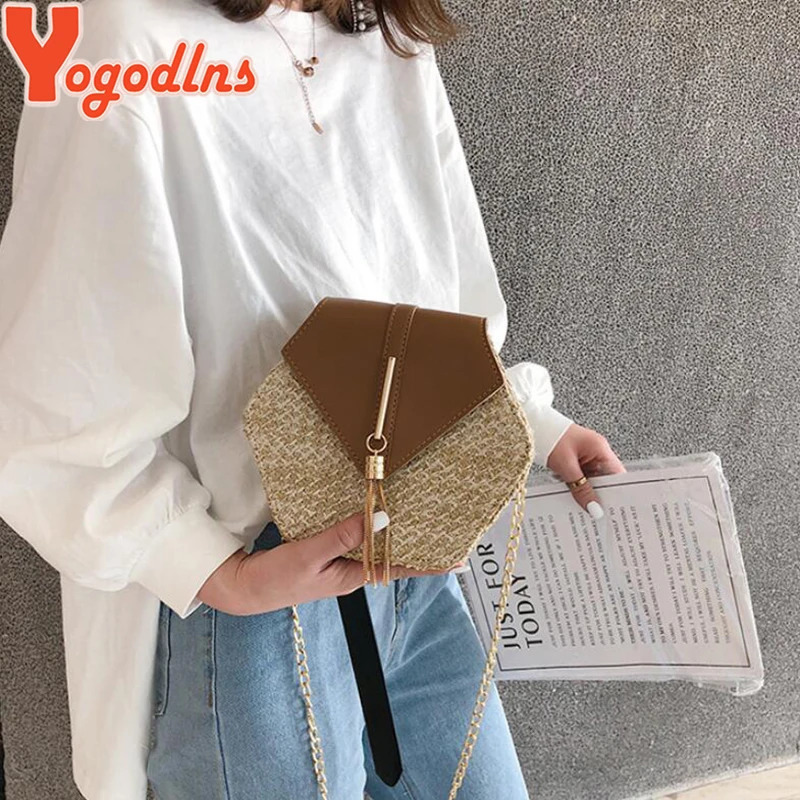 Yogodlns Hexagon Straw Shoulder Bag Women Summer Rattan Handmade Woven Beach Bohemia bolsa feminina chain Crossbody bag 241203