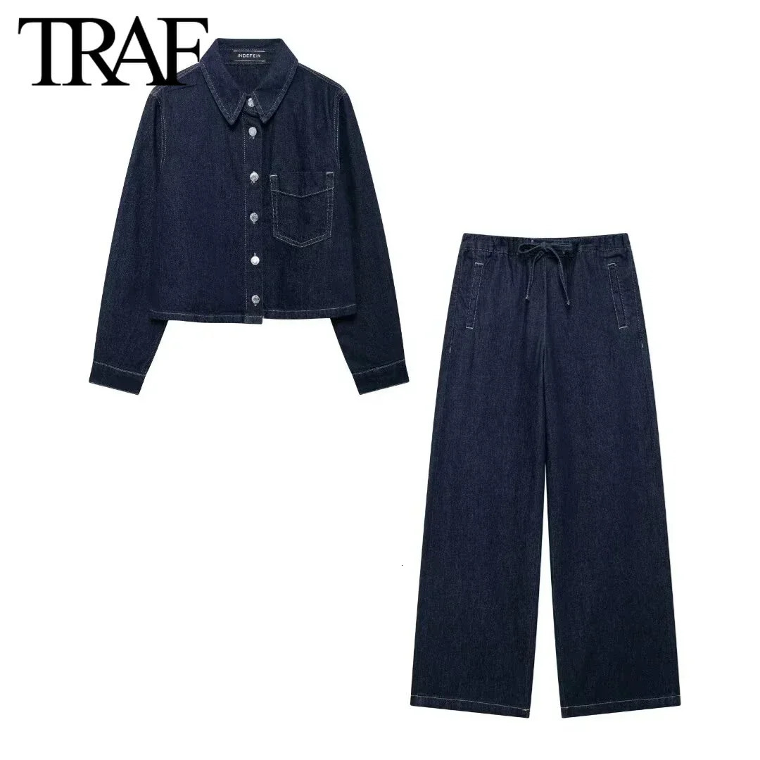 TRAF Women Fashion Denim Single Breasted Longsleeved Lapels Shirt Ladies High Waist Jogging Style Pants Jeans Twopiece Set 241202