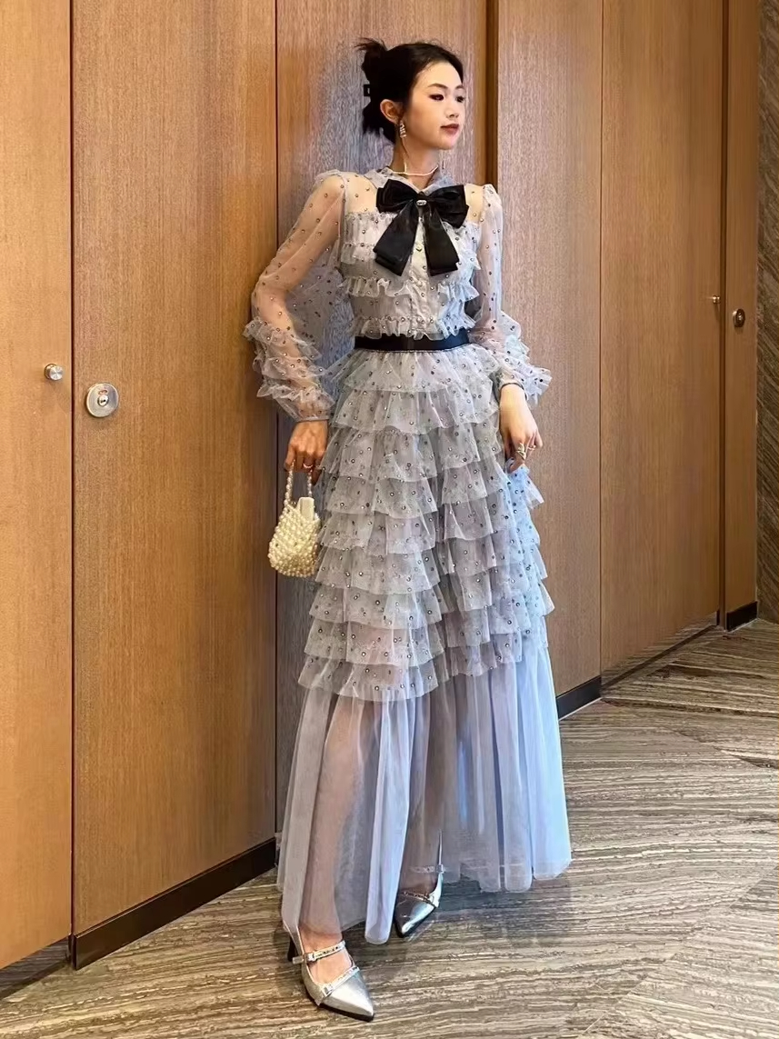 Casual Dresses Runway Designer Summer Polka Dots Holiday Cake Dress Women Mesh Tulle Bow Lapel Evening Party Prom Vestidos
