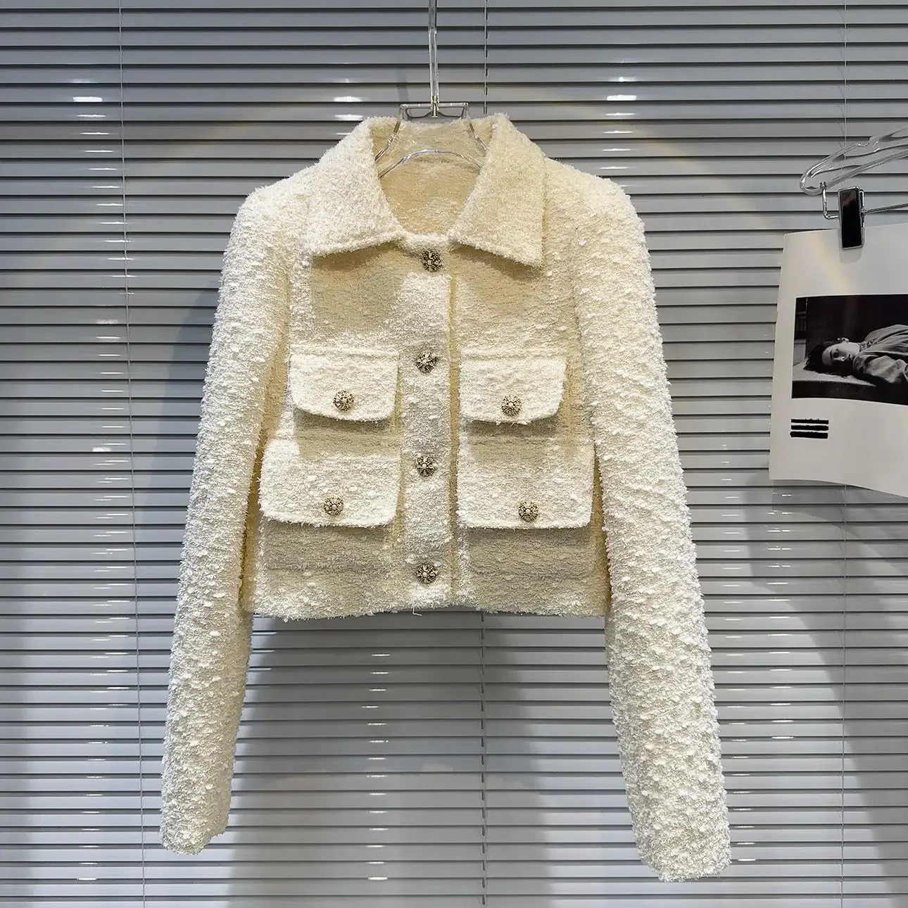 Elegant Straight Trousers Office Ladies Autumn New Tweed Pocket Short Jacket + Pants Two Piece Sets Womens Outifits