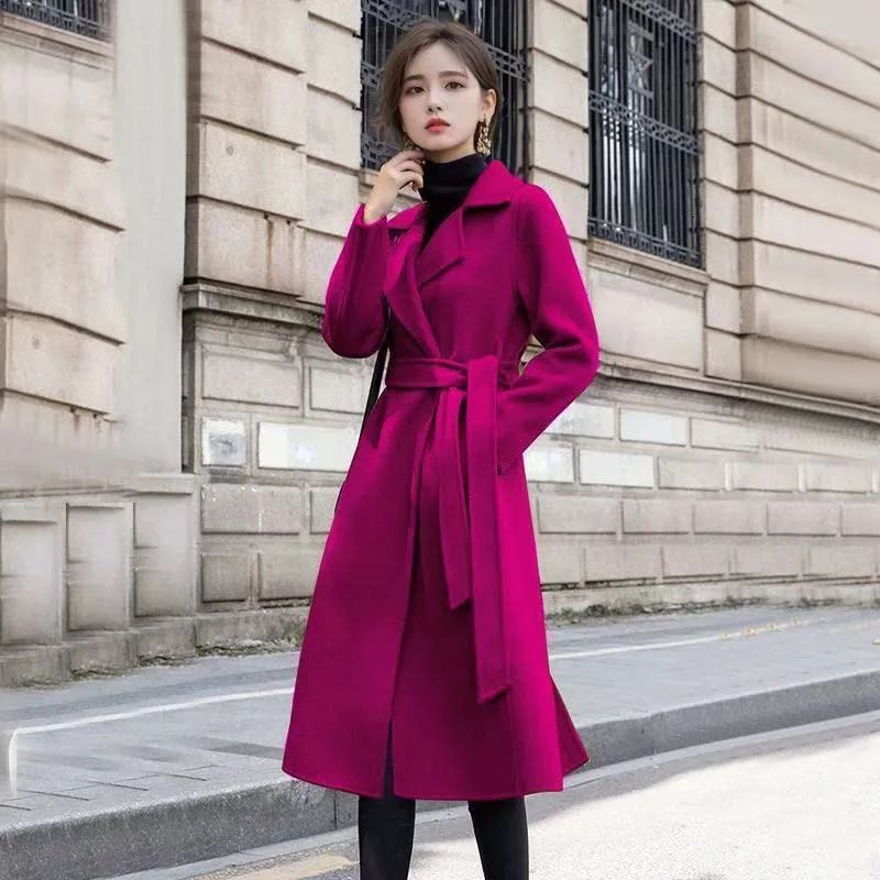 Wine Red Womens Woolen Coat 2025 Autumn Winter Western Female Short Slim Jacket With Long Cloth Windbreaker Overcoat 241202