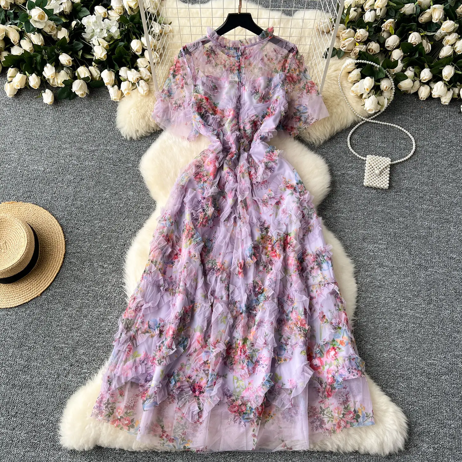 Basic Casual Dresses Runway Summer Autumn Holiday Floral Midi Tulle Prom Dress Women Layers Ruffles Cake Dresses Long Party Vestidos Quality