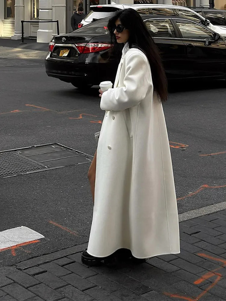 Fashion Oversize Lapel Long Woolen Overcoat Womens Double Breasted Solid Cropped Overgarment 2024 Lady Commute Streetwear 241202