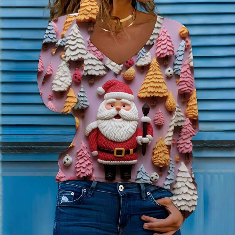 autumn winter European American Christmas print V-neck long sleeved women's T-shirt can be customized. 2024 new style chic and elegant clothing