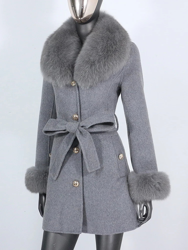 Winter Jacket Women Real Fur Coat Natural Collar Cuffs Belt Cashmere Wool Woolen Warm Outerwear Fashion Streetwear 241202
