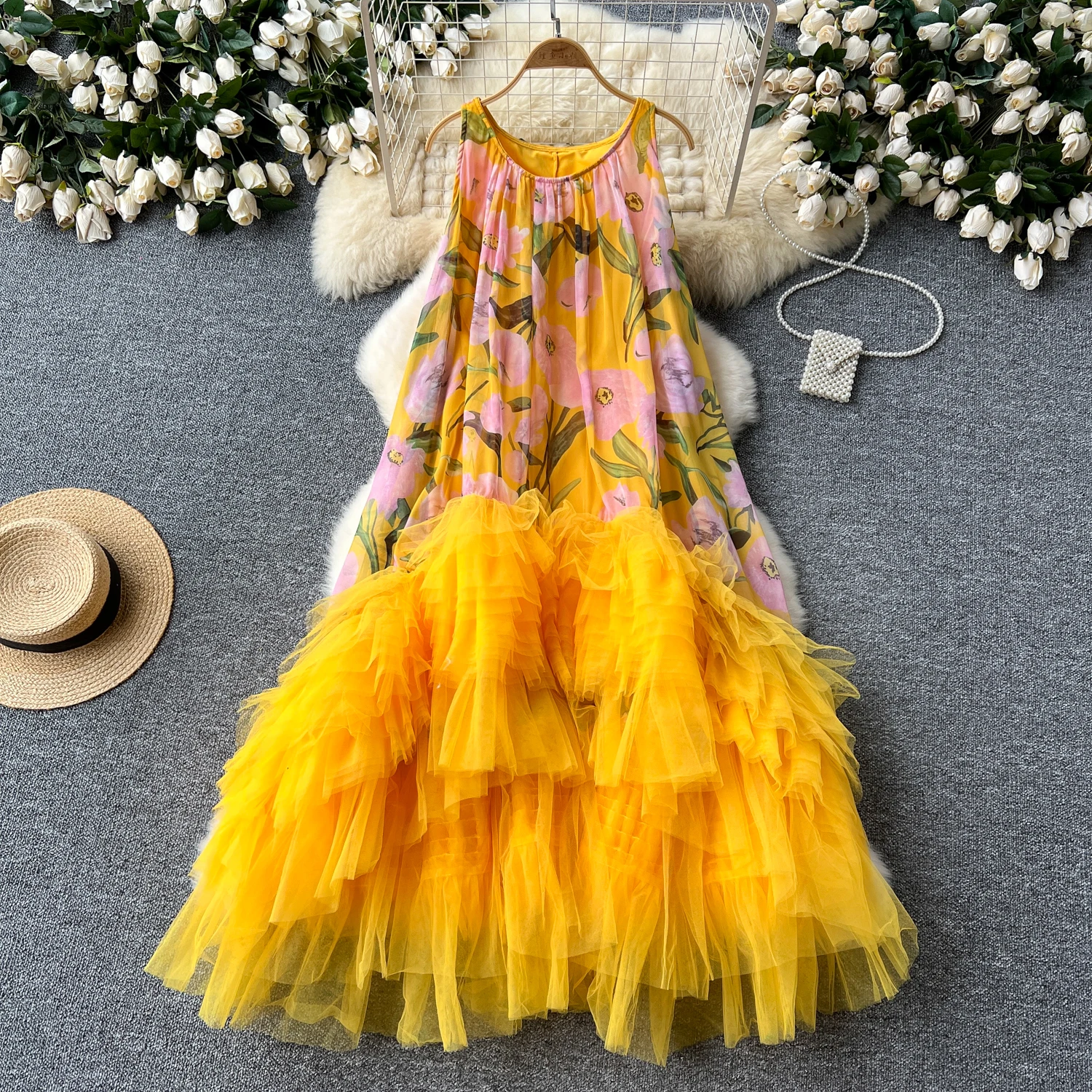 Basic Casual Dresses French Vintage Print Dress Women O-Neck Spaghetti Strap Mesh Splice Irregular Ruffles Beach Fashion Ball Gown Dresses