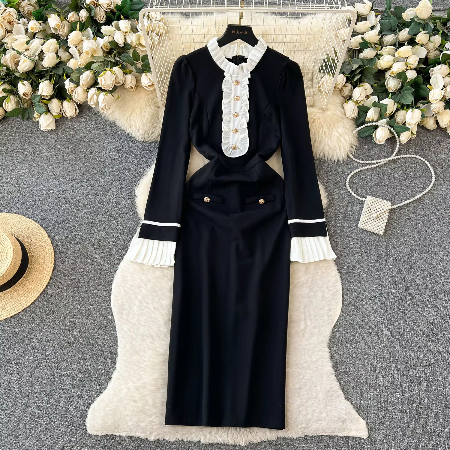 Casual Dresses French Hepburn Style Autumn Winter Dress Women's Black White Ruffles Long Sleeve Midi Vestidos Office Lady 2025