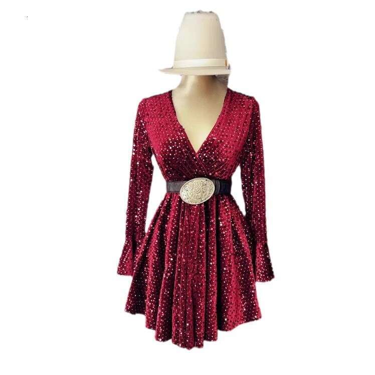 European and American V-neck flared sleeves women's sequined performance dress with ing fabric, 2024 temperament versatile new trendy clothing in