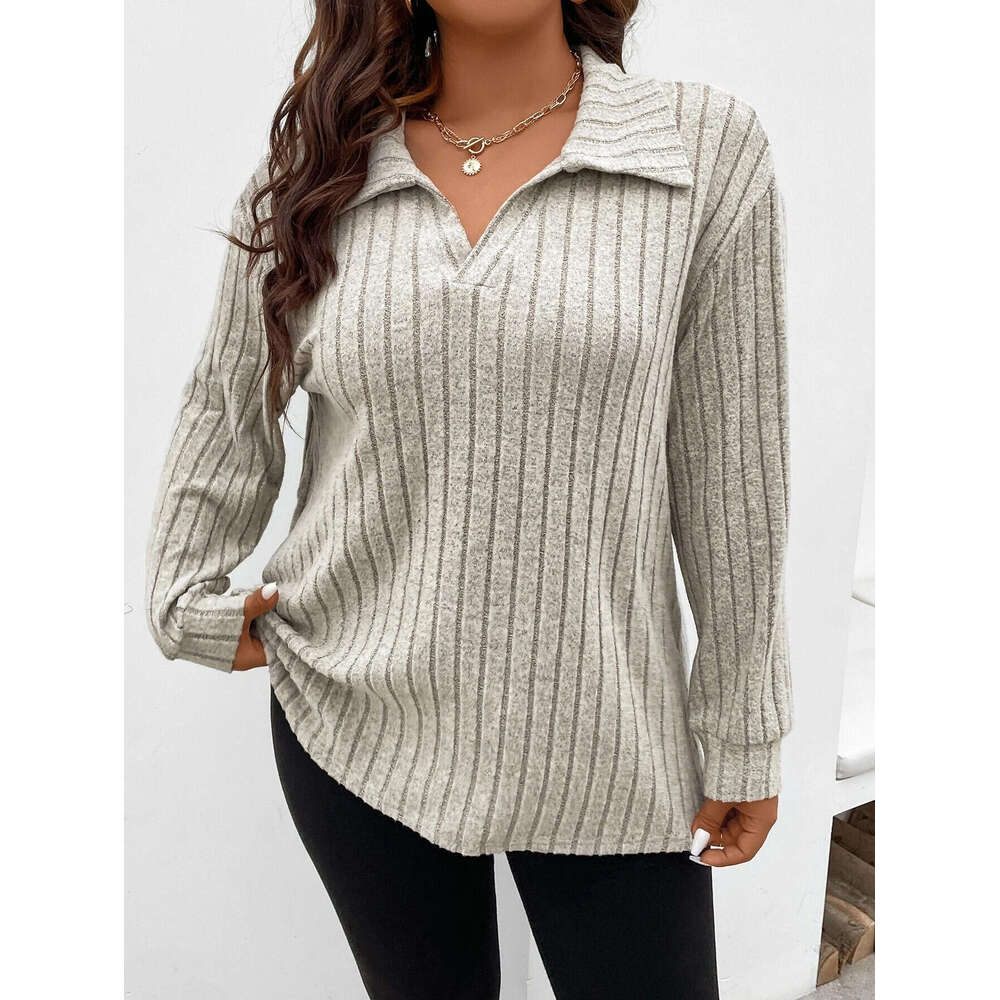 autumn and winter solid color plus size women's top V-neck long sleeved pit stripe brushed T-shirt loose 2024 temperament versatile new trendy cl