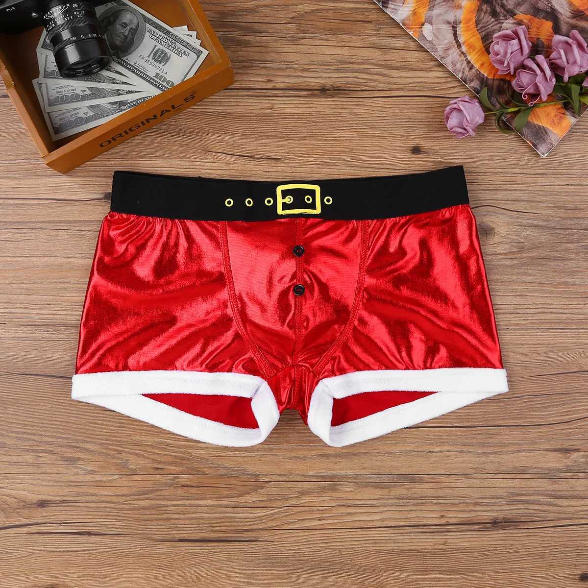 TiaoBug Red Mens Artificial Leather Printed with Pattern Santa Claus Party Clothing Boxing Shorts Underwear X241207