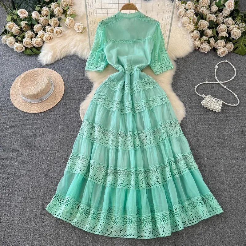 Basic Casual Dresses French Elegant Lace Embroidery Prom Midi Dress Womens V Neck Puff Sleeve High Waist Hollow Out Long Summer Sundress Clothing
