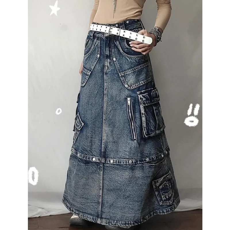 Autumn womens blue denim pocket half body skiing high waist casual Korean medium long bag retro straight denim long leather 241205