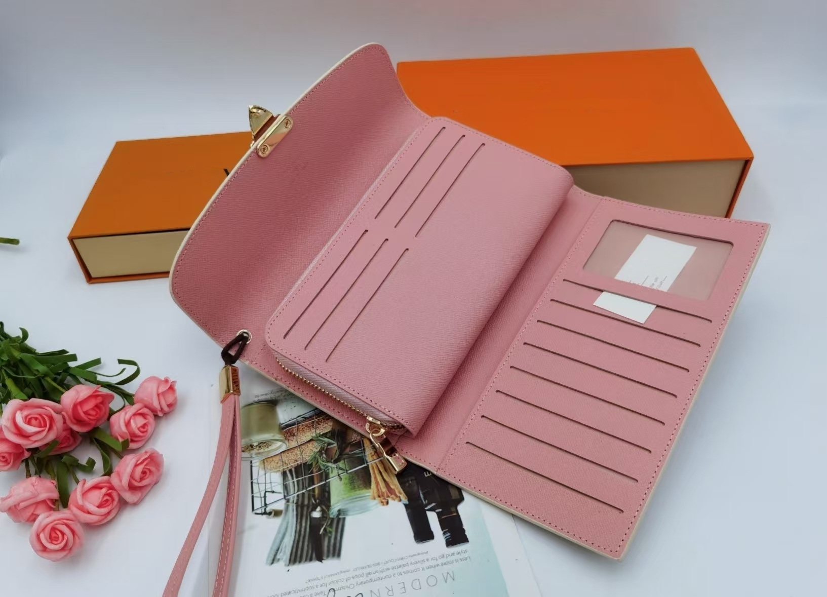 TOP 2023 Fashion designer wallets luxury womens long purses brown flower letters credit card holder ladies slim plaid money clutch bags high-quality