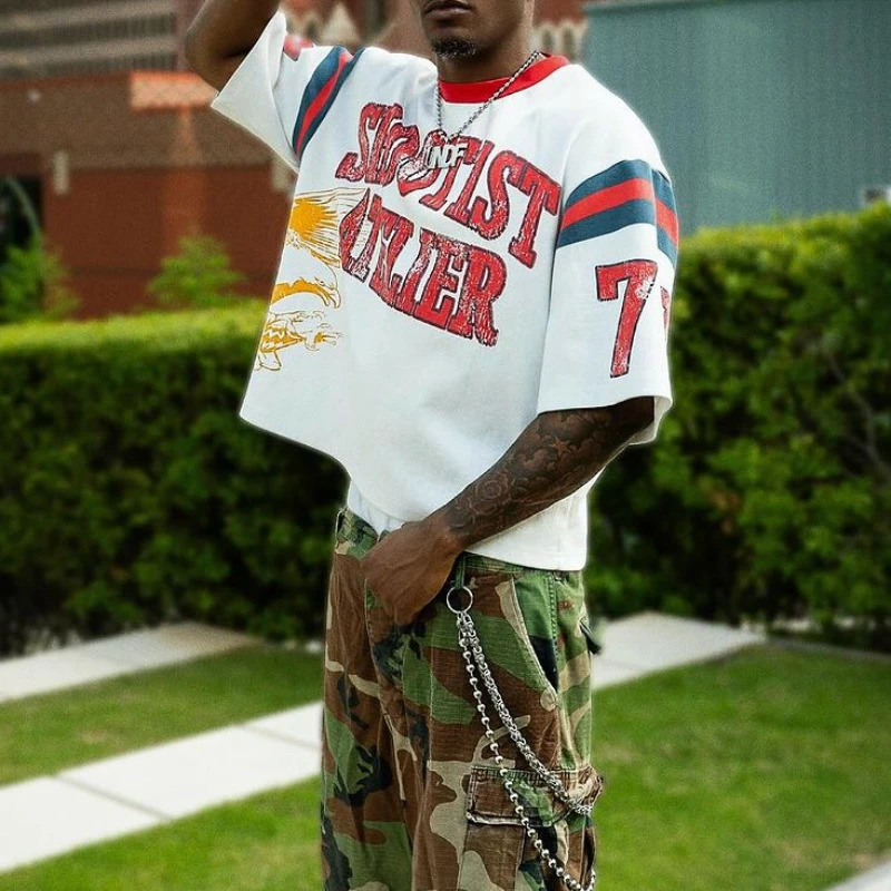 American casual hip-hop patch T-shirt mens Gothic fashion sports high street Y2K retro loose couple oversized top 241205