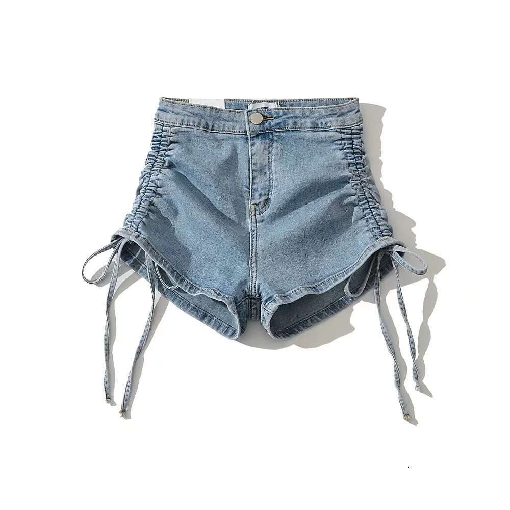 Summer Girl High Waist Elastic Tight Side Drawstring Wrapped Butt Hot Pants Women's Folded Strap Cowboy Shorts 2024 New Casual Versatile Fashion 