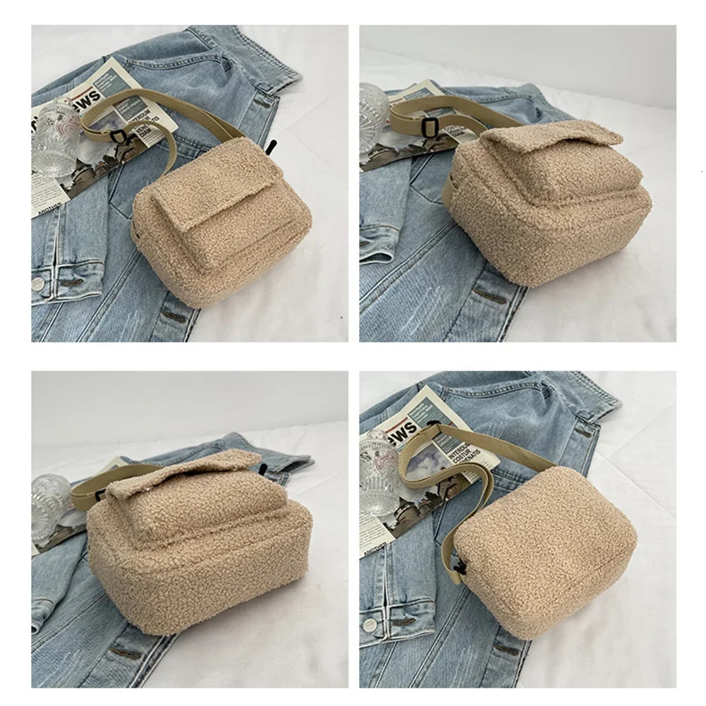 Fashion Plush Fabric Womens Shoulder Cross Bag Small Lamb Wool Fluffy Fur Winter Handbag 241206