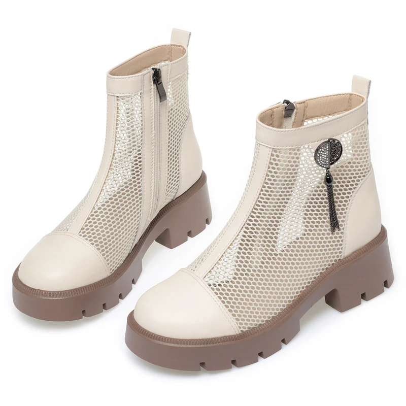 AIYUQI Women Summer Boots Genuine Leather British Fashion Summer Women Boots Mesh Tassel Women Cool Boots