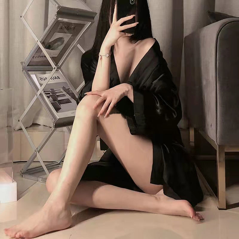 2025 Black sexy pure desire ice nightgown for women in spring and autumn long sleeved thin bathrobe with fashion a feeling of imitation silk pajamas s