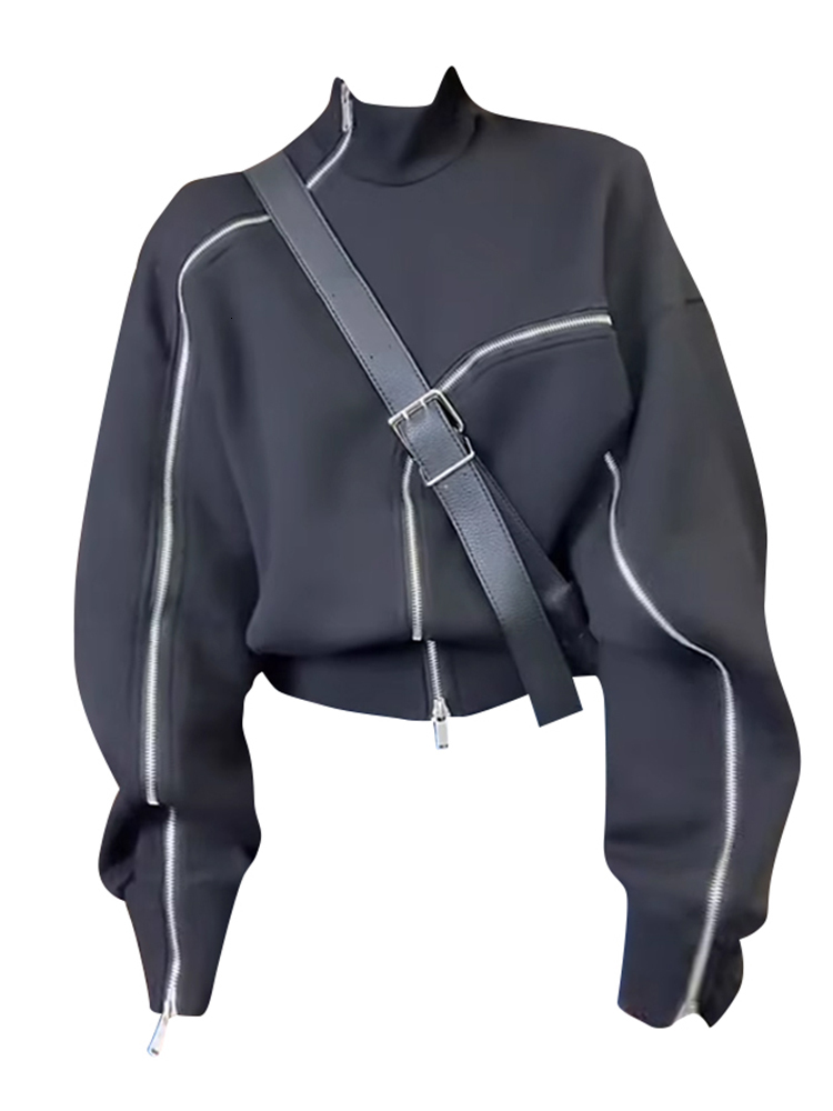 Autumn Winter Women Long Sleeve Turtleneck Sweatshirts American Vintage Pullovers Designer 2000S Aesthetic Zipper Design Y2k New