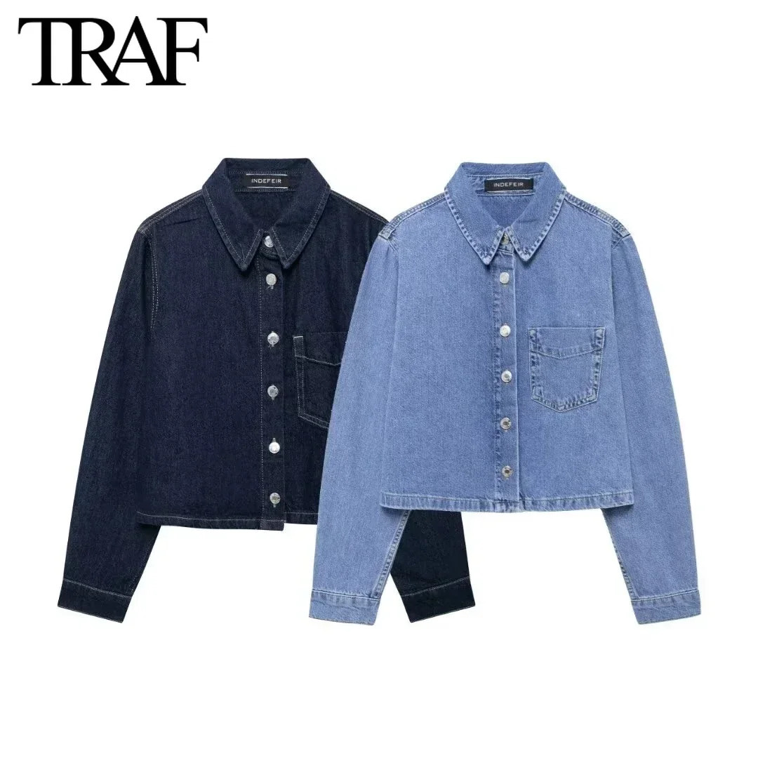 TRAF Women Fashion Denim Single Breasted Longsleeved Lapels Shirt Ladies High Waist Jogging Style Pants Jeans Twopiece Set 241202