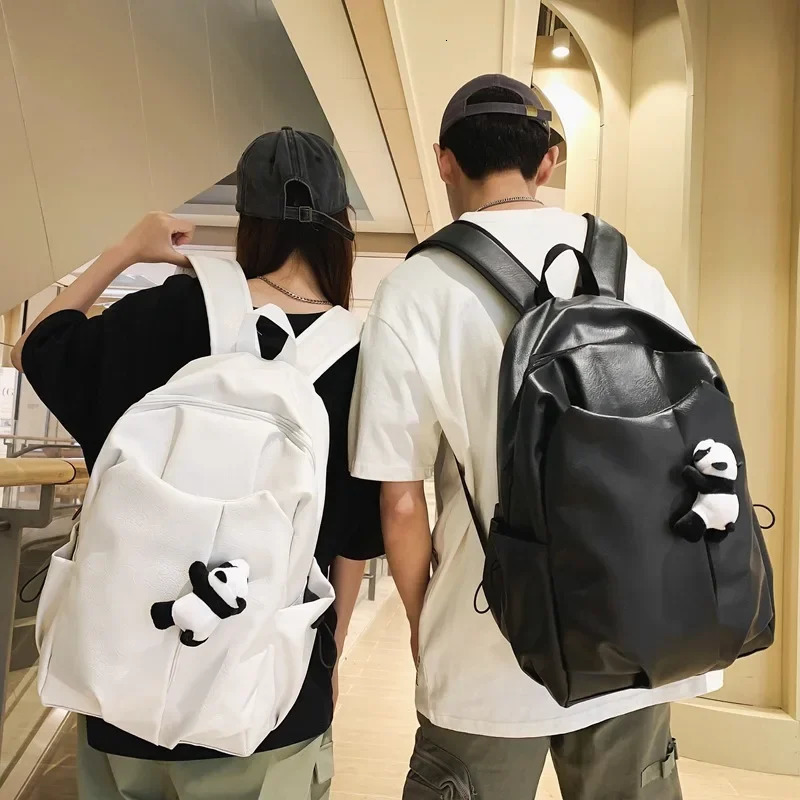 Black and white panda couple backpack large capacity PU leather waterproof school backpack teenage boys and girls middle school backpack 241206