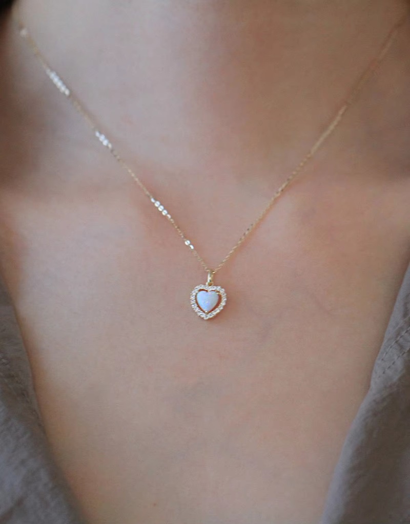 Dainty 14K Gold Plated Heart Pendant 925 Sterling Silver Opal Diamond Necklace