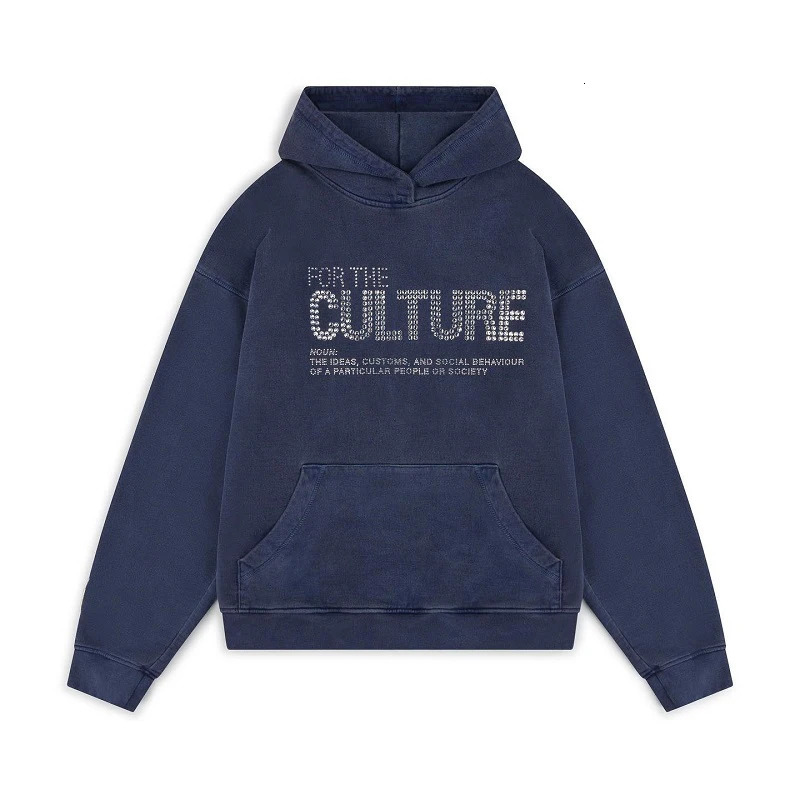 Navy Blue Hoodie Loose and Warm Y2K Letter Diamond Fashion Personalized Retro Style 241206