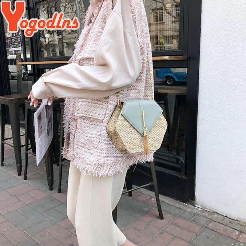 Yogodlns Hexagon Straw Shoulder Bag Women Summer Rattan Handmade Woven Beach Bohemia bolsa feminina chain Crossbody bag 241203