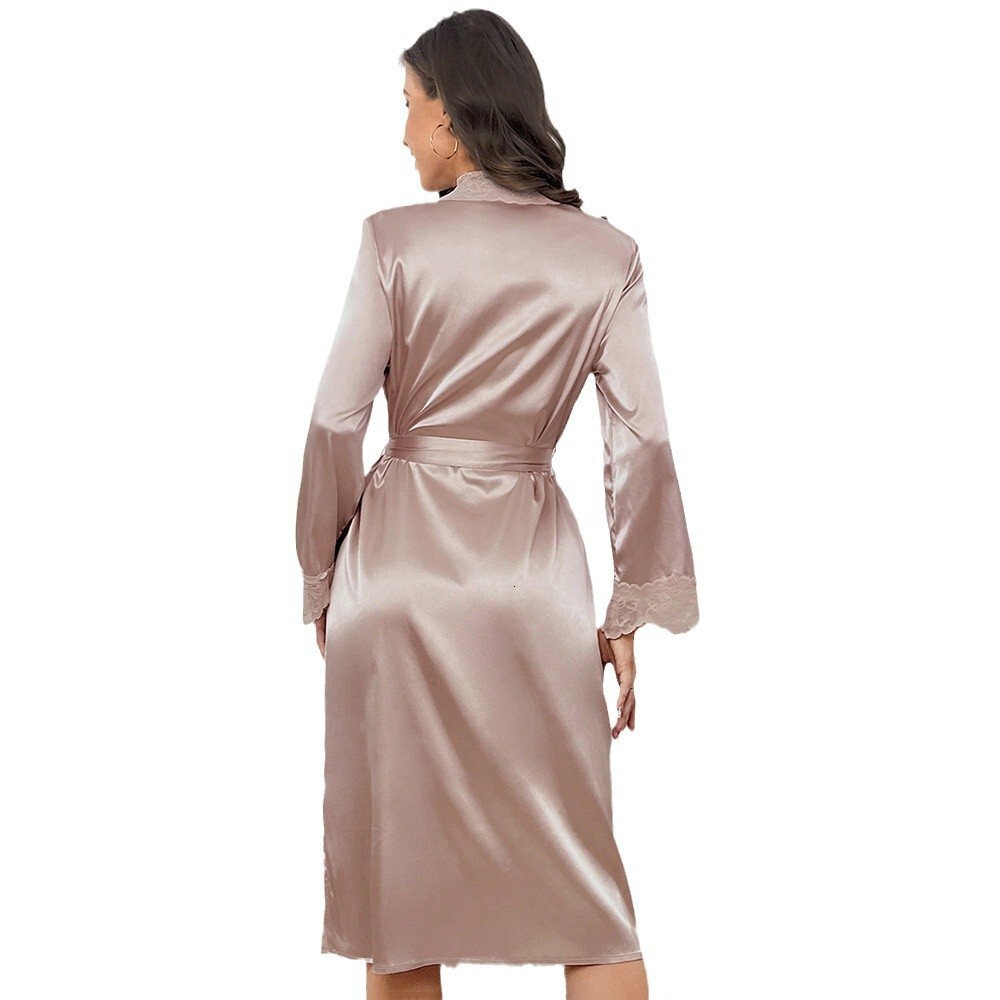 2025 Designer s new high quality satin sleepwear lace light luxury long sleeved cool trend nightgown bathrobe home wear women s sexy erotic bathrobe
