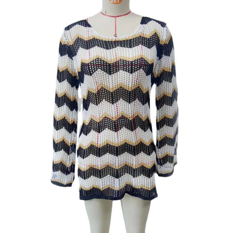 European and American autumn knitted dress women's long sleeved striped contrasting backless lace up sexy hip hing short skirt 2024 new casual ve