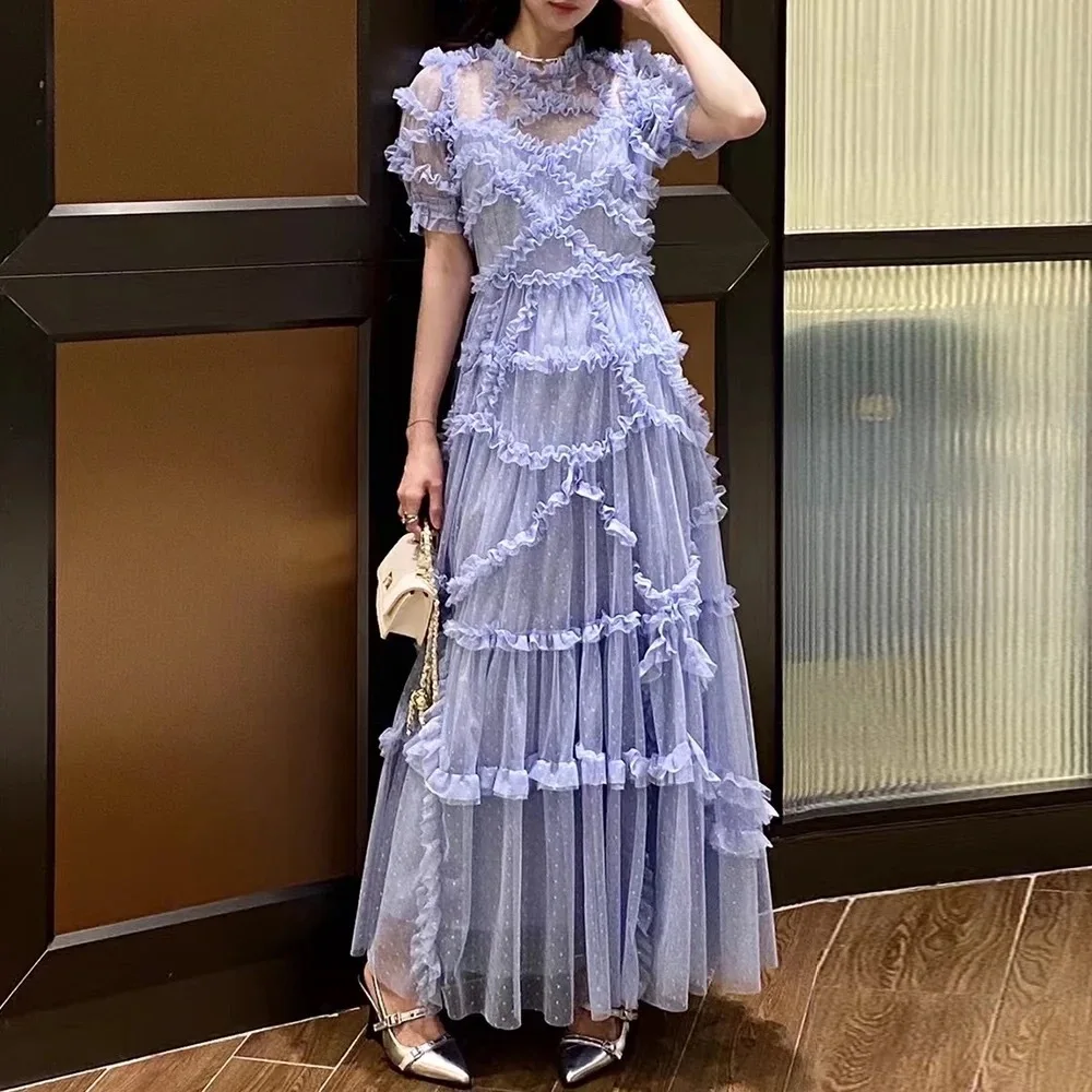 Basic Casual Dresses Summer Quality Vintage Summer Holiday Layers Ruffle Cake tulle Long Dress Women Blue Dots Elegant Party Evening Vestidos 2025