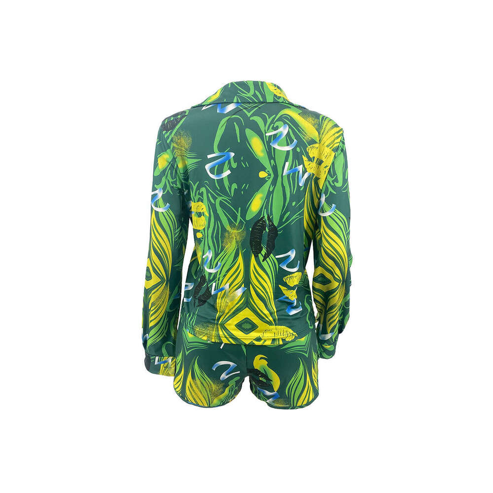 summer European and American printed long sleeved shirt shorts casual set 2024 temperament versatile new trendy clothing ins