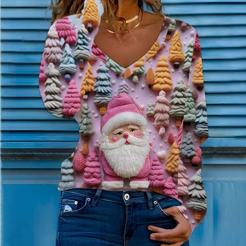 autumn winter European American Christmas print V-neck long sleeved women's T-shirt can be customized. 2024 new style chic and elegant clothing