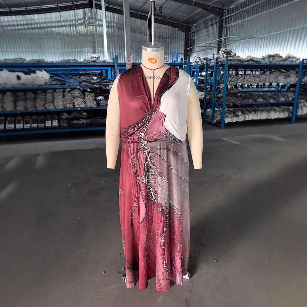 Large size promotion for European and American women's summer V-neck fabric high waisted sleeveless printed sexy vest dress 2024 new casual versa