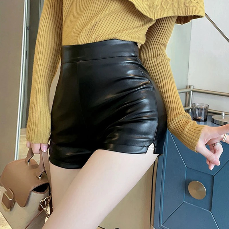PU leather high waisted shorts womens ultra-thin shorts bottom tight shorts hip tight shorts 241206
