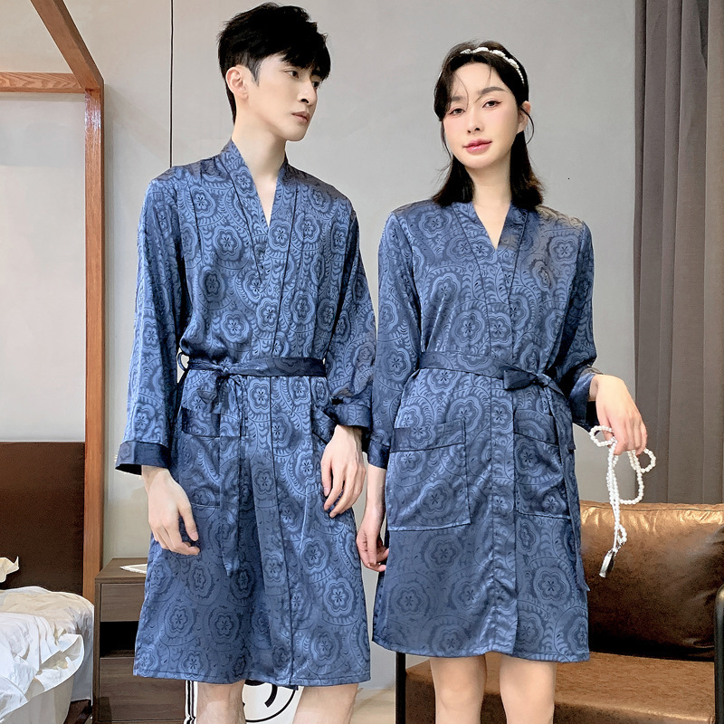 2025 Designer s new high end women s summer thin couple bathrobe ice silk fashion men s pajamas high end medium length bathrobe