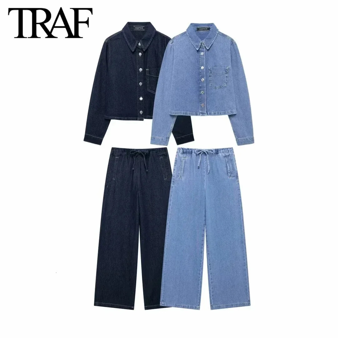 TRAF Women Fashion Denim Single Breasted Longsleeved Lapels Shirt Ladies High Waist Jogging Style Pants Jeans Twopiece Set 241202