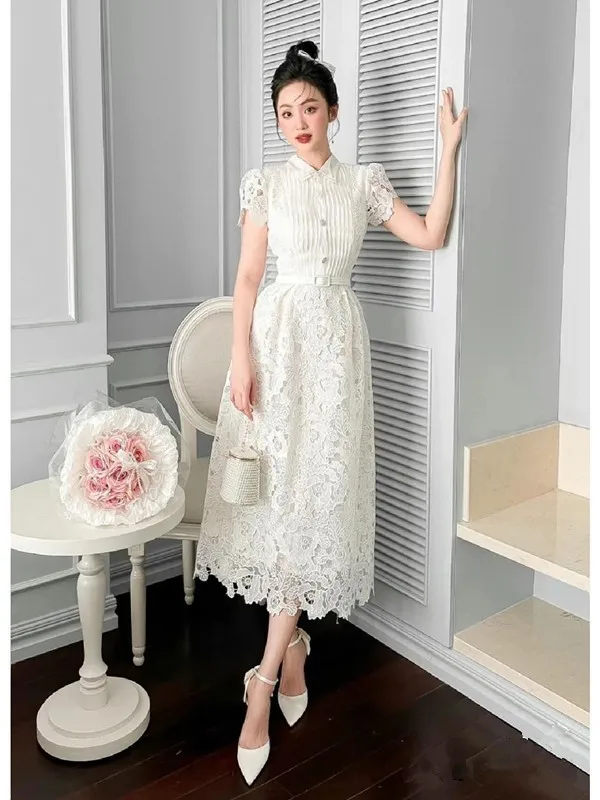 Basic Casual Dresses Runway 2025 Summer Flower Embroidery White Lace Evening Prom Holiday Dress Women Short Sleeve Pearls Bow Bead Vest